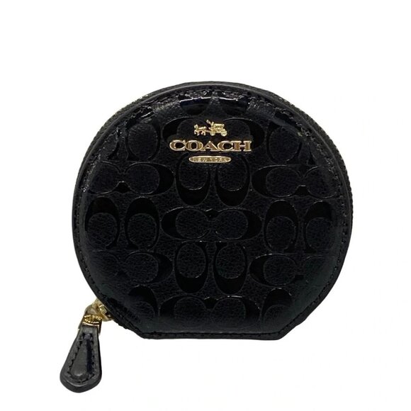 Auth COACH Signature Debossed Patent Leather Round Coin Purse - Black Coin Case - Picture 1 of 10